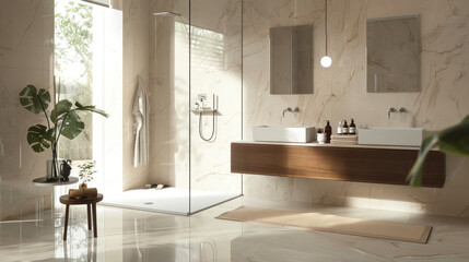 A contemporary bathroom with a floating vanity, marble tile floor, and a glass-enclosed shower
