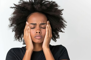 African American woman holding hands near head while suffering from painful headache migraine
