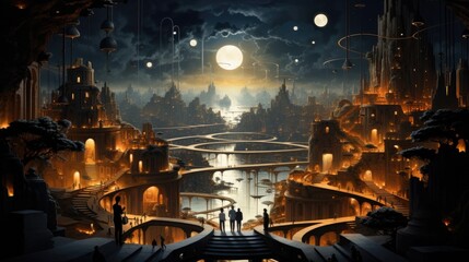 Enigmatic Nocturnal Cityscape with Bridges,Towers,and a Glowing Lunar Presence