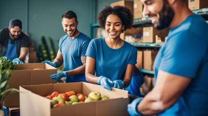 A group of happy smiling Multiracial volunteers, dressed in a blue T-shirt, pack groceries into boxes indoors. Donations, Social assistance to the poor and needy, Charitable organization concepts. - obrazy, fototapety, plakaty