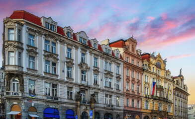 Traditional historical houses with colorful facades on the Old Town Square, Prague - Czech Republic