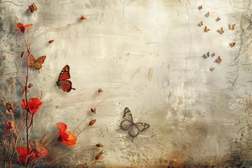 Fotobehang Grunge vlinders Flowers and butterflies on grunge background with space for your text