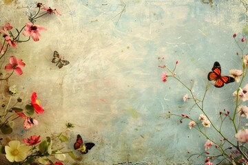 Flowers and butterflies on grunge background with space for your text