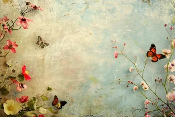 Crédence de cuisine en verre imprimé Papillons en grunge Flowers and butterflies on grunge background with space for your text
