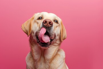 Portrait hungry and funny cute dog licking it lips with tongue on color background - obrazy, fototapety, plakaty
