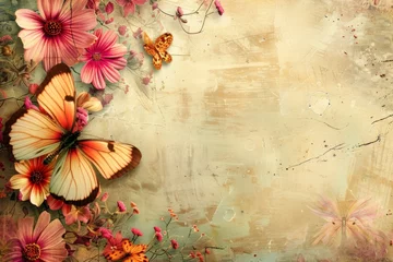 Afwasbaar Fotobehang Grunge vlinders Flowers and butterflies on grunge background with space for your text