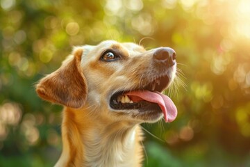 Portrait hungry and funny cute dog licking it lips with tongue nature park background