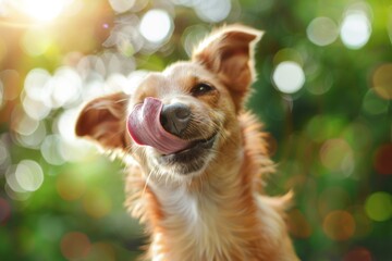 Portrait hungry and funny cute dog licking it lips with tongue nature park background - obrazy, fototapety, plakaty