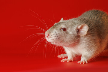 Gray rat isolated on a red background. Close-up portrait of a mouse. The rodent stands on its paws. Photo for cutting and writing