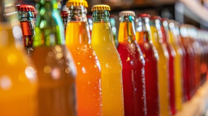 Row of Bottles Filled With Different Colored Drinks