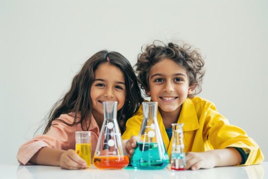 Portrait of two smiling friends children doing scientific experiment