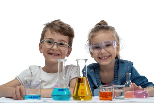 Portrait of two smiling friends children doing scientific experiment