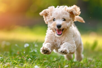 summer concept playful happy pet dog puppy running in grass - obrazy, fototapety, plakaty