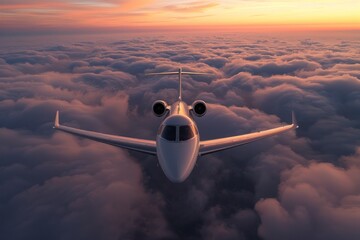 Private jet flying through the clouds at sunset