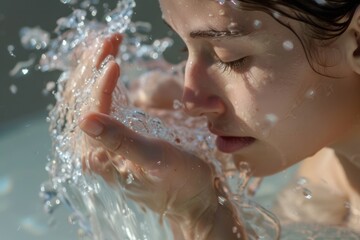 Fototapeta premium Purity and fragile concepts with sensible woman standing in cleansing liquid or water