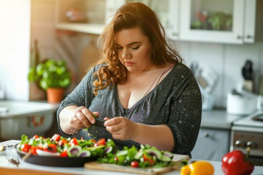 Pretty young overweight woman preparing a delicious and healthy salad in the kitchen for her diet