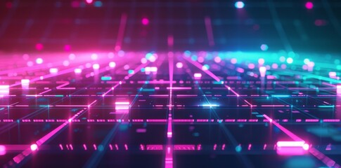 Fototapeta premium Energetic neon tech grid: a dynamic technology background adorned with neon colors and grid patterns, perfect for futuristic digital creations.
