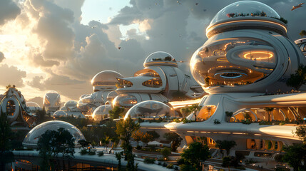 A utopian city with futuristic architecture bathed in the golden light of a setting sun, evoking a...