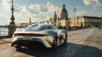 Futuristic Silver Sports Car Speeding on City Waterfront