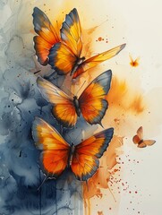 Vibrant Orange Butterflies on a Watercolor Background