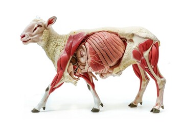 sheep anatomy showing body and head, face with muscular system visible isolated on white background