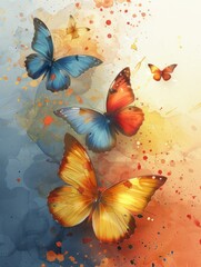 Watercolor Butterflies with Splashes on Abstract Background