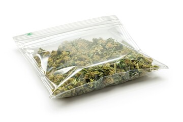 packaged cannabis zipbag on white background