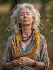 Middle-Aged Woman Practicing Deep Breathing and Solar Plexus Pressure Generative AI