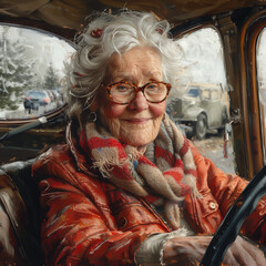 Portrait of smiling senior woman in eyeglasses driving in car