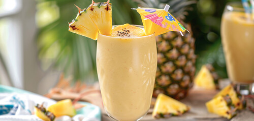 A tall glass of tropical fruit smoothie with colorful paper umbrella and juicy pineapple slices on...