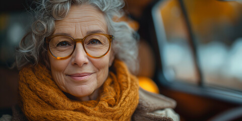 Portrait of smiling senior woman in eyeglasses driving in car