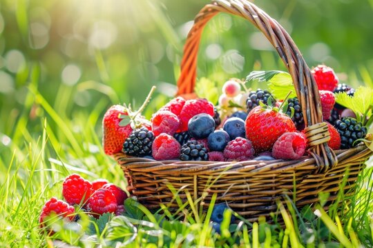 Sunny day, fresh berry fruits in wicker basket in grass