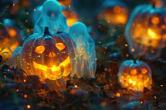 Halloween pumpkins and ghosts background
