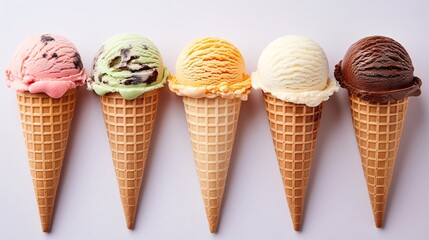 Various flavors of ice cream on a colorful background. Summer concept.