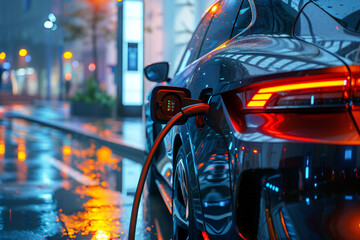 Electric car (EV) at charging station with the power cable supply plugged on blurred bokeh street light background. - obrazy, fototapety, plakaty