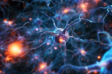 Vivid depiction of neuronal synaptic transmission with a glowing neural network