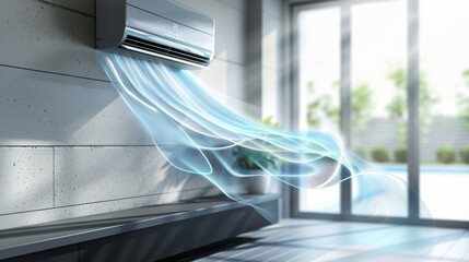 An air conditioner mounted on the wall emits cool air