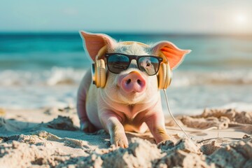 Fototapeta na wymiar Pig on the beach with sunglasses and headphones
