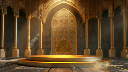 Round podium in golden color in Arabic style, product demonstrations - obrazy, fototapety, plakaty