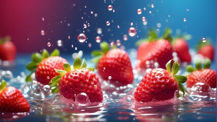 Fresh pink strawberries in water with bubbles and splashes, a cheerful and feminine backdrop of pink summer fruit. - obrazy, fototapety, plakaty
