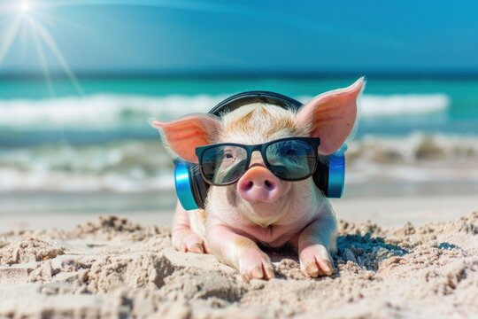 Pig on the beach with sunglasses and headphones