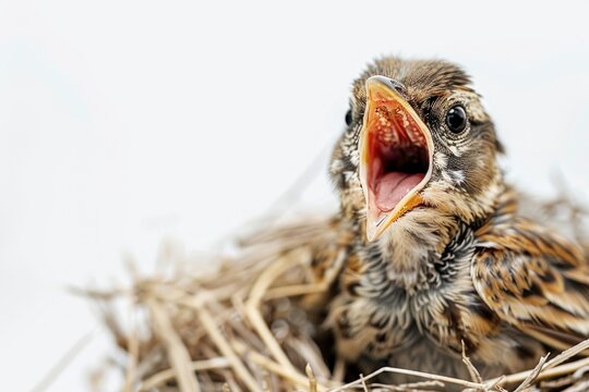 Young bird in nest with open mouth waiting to be fed Isolated on solid white background