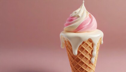 Closeup shot of sweet ice cream made from melting milk in a waffle cone isolated on a flat pink background 3D rendering