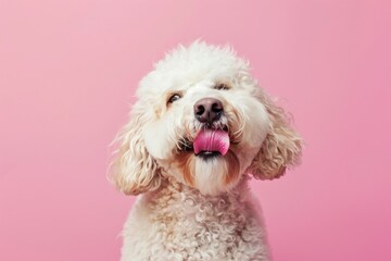 Portrait hungry and funny cute dog licking it lips with tongue on color background