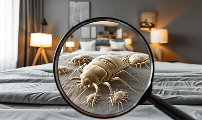 dust mites seen through the magnifying glass in bed, microscopic detail - obrazy, fototapety, plakaty