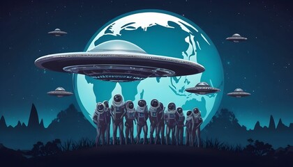 World UFO day with aliens ship UFO ship and astronomy and aliens behind them world globe