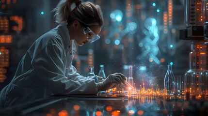 Focused female scientist analyzing samples in a high-tech laboratory with futuristic technology and dynamic data visualizations