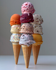 Multiple ice cream cones with assorted flavors stacked vertically, showcasing a variety of colors and textures - obrazy, fototapety, plakaty