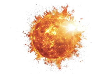 Realistic illustration of a solar flare erupting from the surface of the sun, with intense bursts of energy captured against a plain white backdrop. - obrazy, fototapety, plakaty