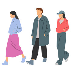  Set of young man and two women , different colors, cartoon character, group of silhouettes of walking business people, students, design concept of flat icon, isolated on white background